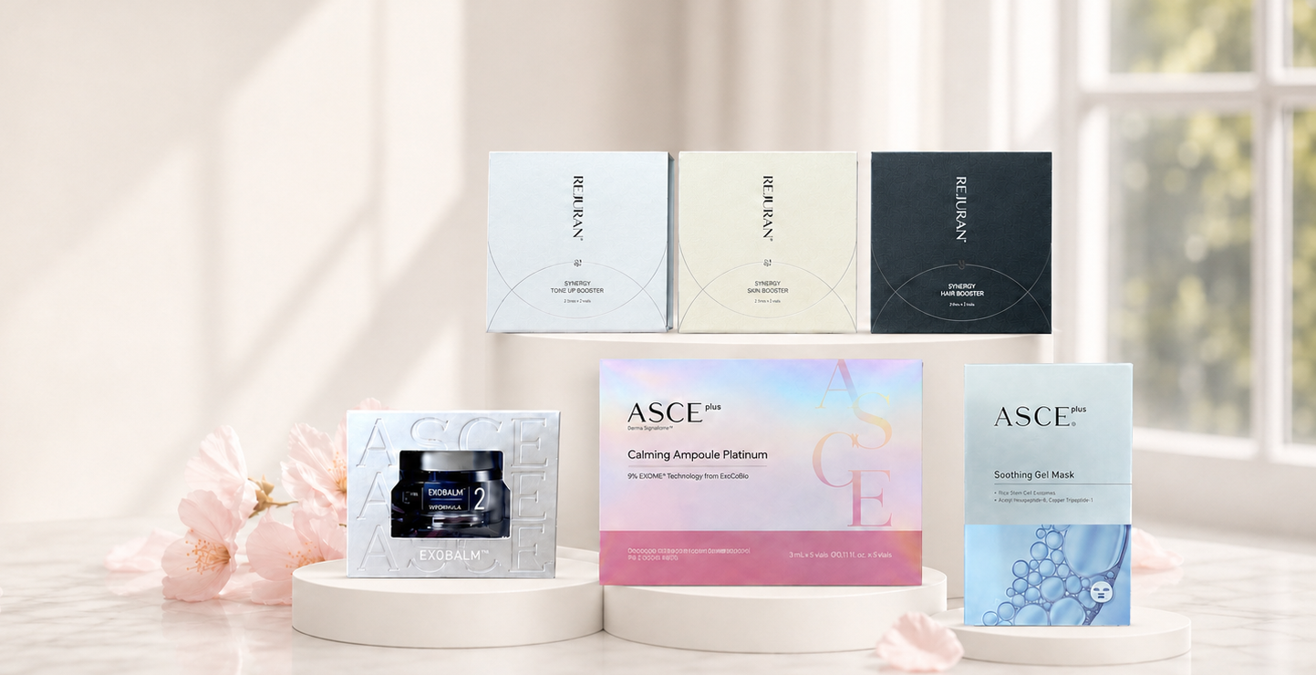 MK EXO SHOP premium Korean skincare hero with full product display